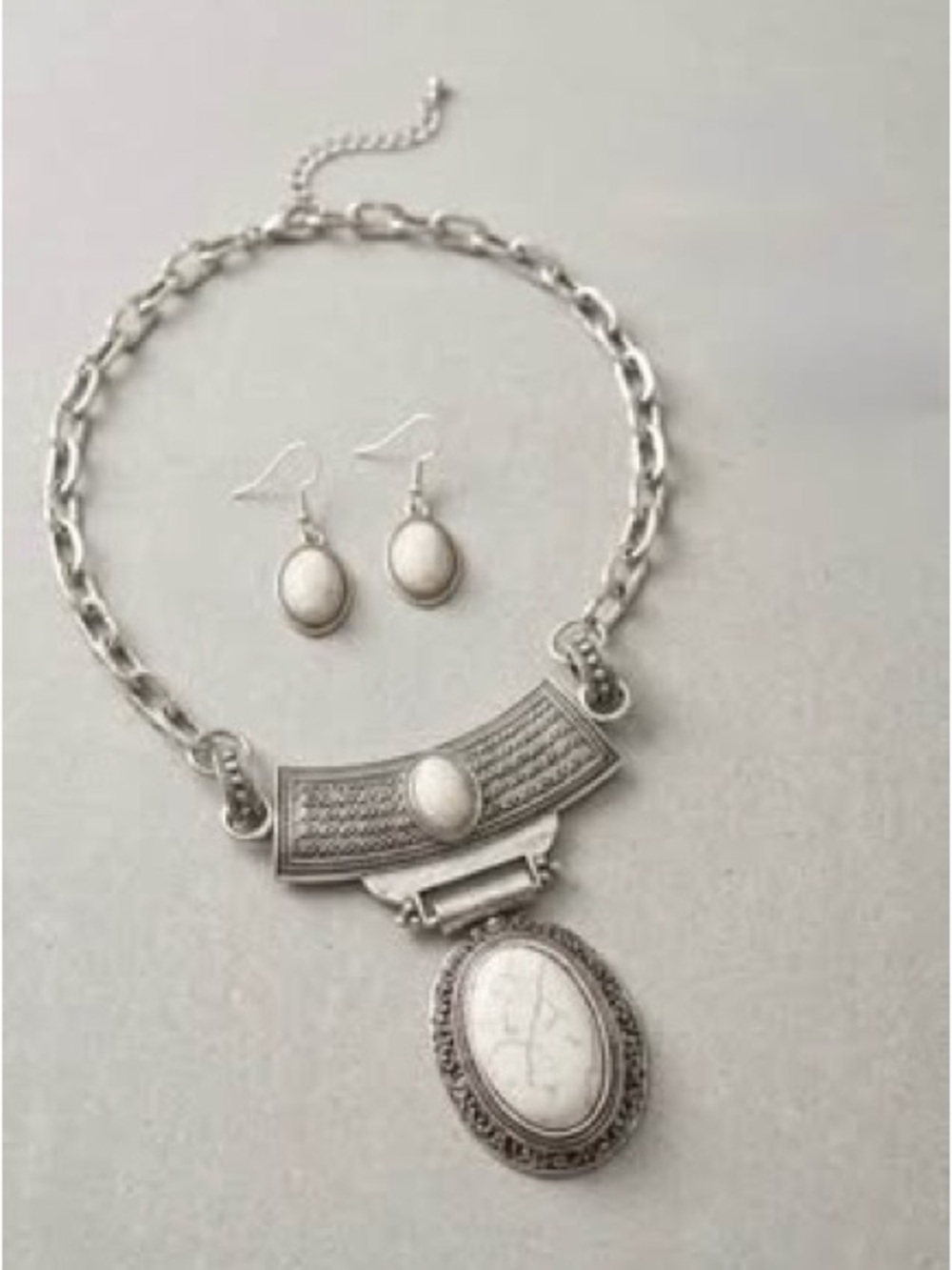 Vintage Silver-Tone White Faux-Stone Necklace and Earring Set